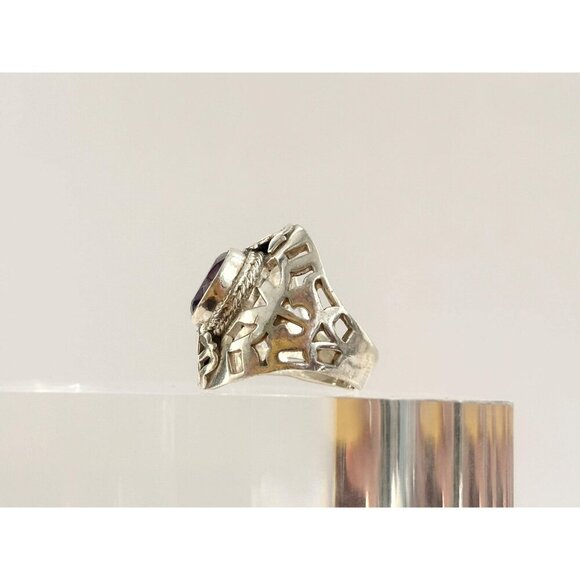 Amethyst Gemstone Bintage Abstract Symbol Sterling Silver Chunky Ring - sz 5.25 - Picture 7 of 10